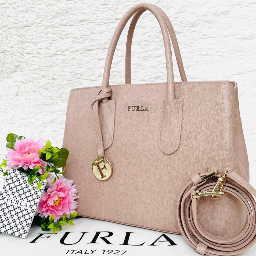 極美品☆フルラ FURLA テッサ ショルダーバッグ 2way ピンクベージュ-