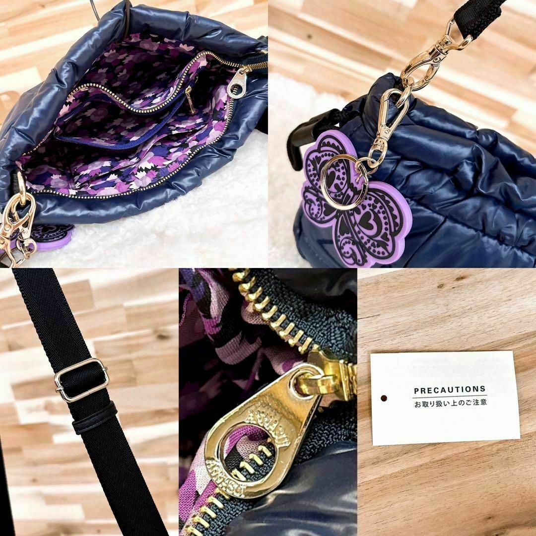 【アナスイ】キルティング ショルダーバッグ 内側 花柄 総柄 チャーム付 紺×紫