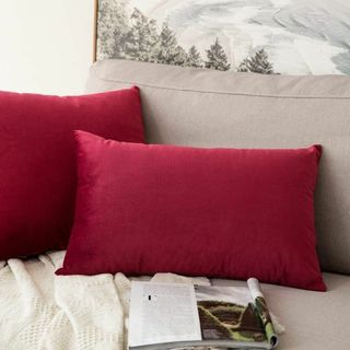 長方形ベルベットクッションカバー 12×20 レッド 赤 ソファー(クッションカバー)