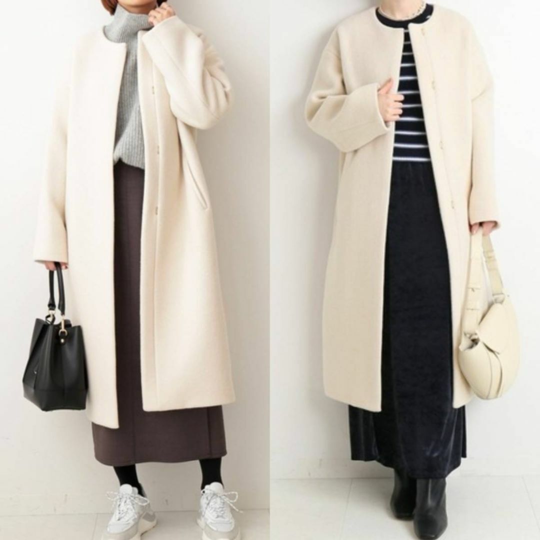 IENA 21AW ラムウールノーカラーロングコート 38 ナチュラル イエナ-