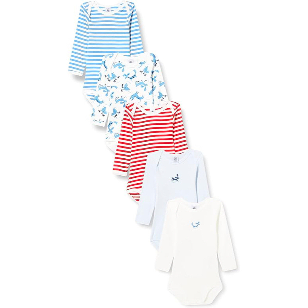 PETIT BATEAU(プチバトー)の[プチバトー] 長袖ボディ5枚組 ベビー　肌着　５枚セット　ボーダー　アニマル キッズ/ベビー/マタニティのベビー服(~85cm)(肌着/下着)の商品写真