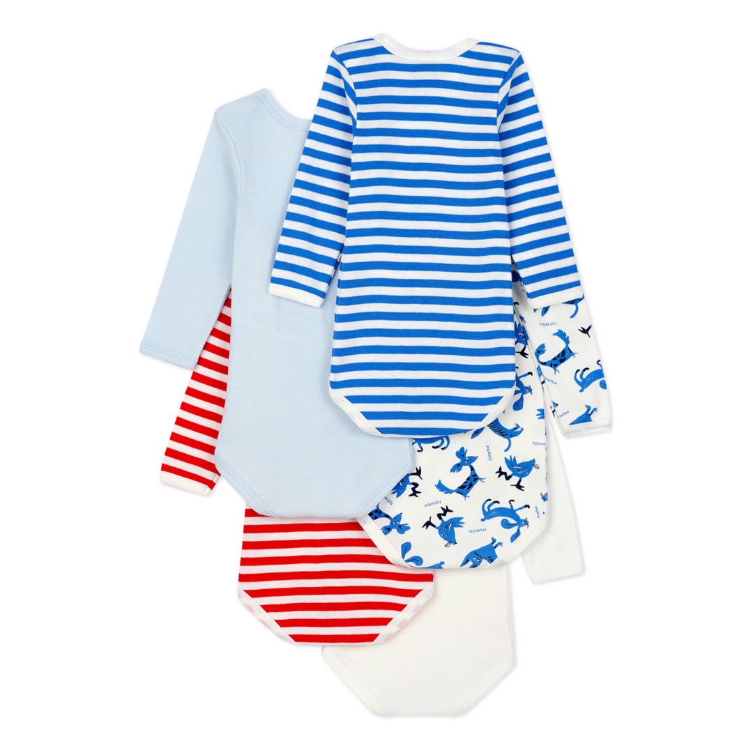 PETIT BATEAU(プチバトー)の[プチバトー] 長袖ボディ5枚組 ベビー　肌着　５枚セット　ボーダー　アニマル キッズ/ベビー/マタニティのベビー服(~85cm)(肌着/下着)の商品写真