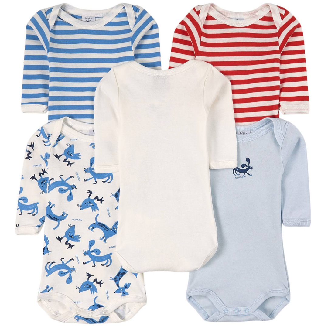 PETIT BATEAU(プチバトー)の[プチバトー] 長袖ボディ5枚組 ベビー　肌着　５枚セット　ボーダー　アニマル キッズ/ベビー/マタニティのベビー服(~85cm)(肌着/下着)の商品写真