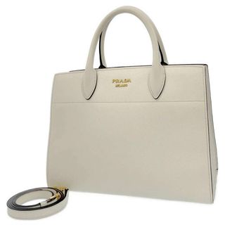 【美品】PRADA プラダ オールレザー ハンドバッグ ロゴ型押し ホワイト系