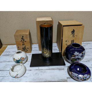 ☆激安☆昭和レトロ・木箱付陶器製真山作九谷焼・輪島塗・泉龍花瓶＆灰皿３点セット(花瓶)