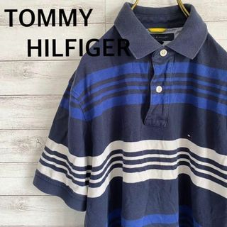 トミーヒルフィガー(TOMMY HILFIGER)のトミーヒルフィガー ポロシャツ　半袖　刺繍　ロゴ ボーダー 紺　青　古着(ポロシャツ)