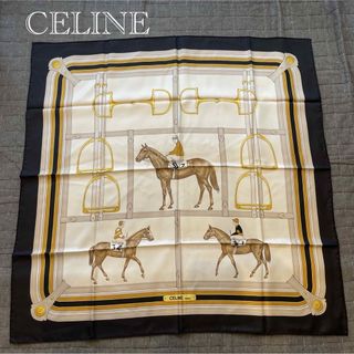 セリーヌ(celine)のCELINE セリーヌ 大判シルクスカーフ ロゴ 馬 ジョッキー ヴィンテージ(バンダナ/スカーフ)