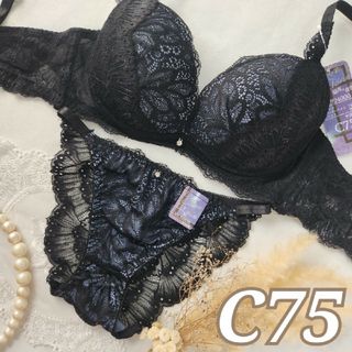 №258【C75】ジュエルレース育乳脇高ブラジャー&バック透けフルバックショーツ(ブラ&ショーツセット)