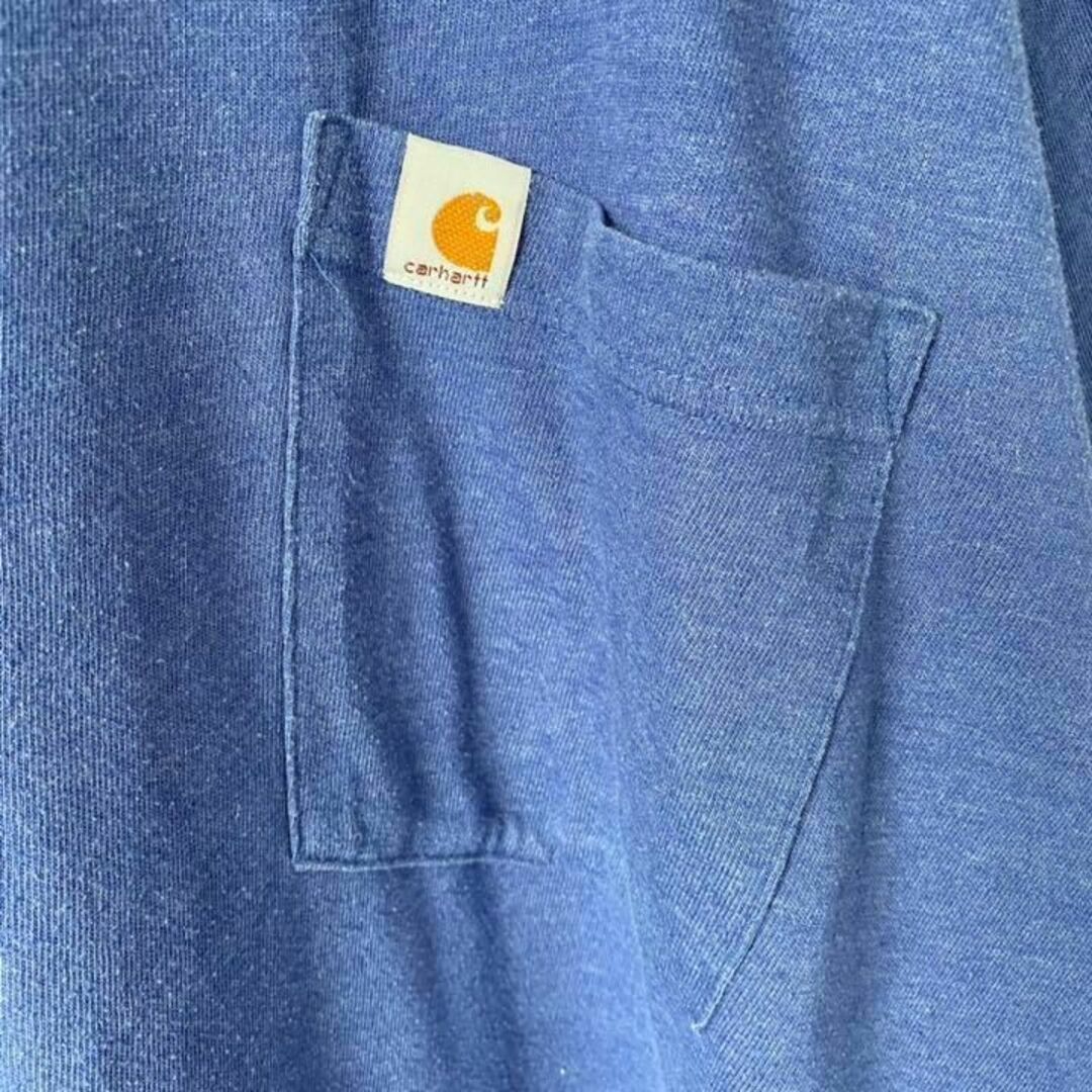 【人気】カーハート　Tシャツ　半袖　ロゴ　胸ポケット　ブルー系　古着　2XL メンズのトップス(Tシャツ/カットソー(半袖/袖なし))の商品写真