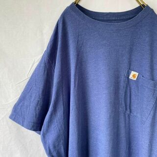 【人気】カーハート　Tシャツ　半袖　ロゴ　胸ポケット　ブルー系　古着　2XL(Tシャツ/カットソー(半袖/袖なし))