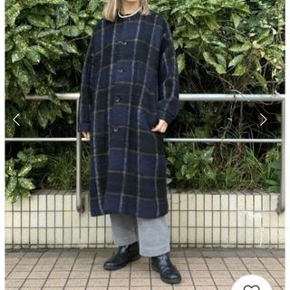 クリーニング済！BEAMS BOY /スライバータータンチェックノーカラーコート