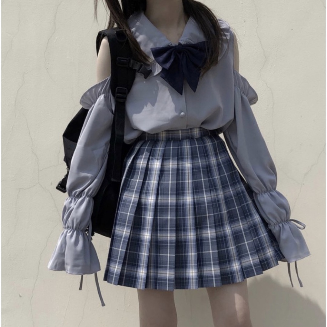 レディース　制服　コスプレ　地雷系　ブラウス　長袖　ロリータ　肩あき　グレー レディースのトップス(シャツ/ブラウス(長袖/七分))の商品写真