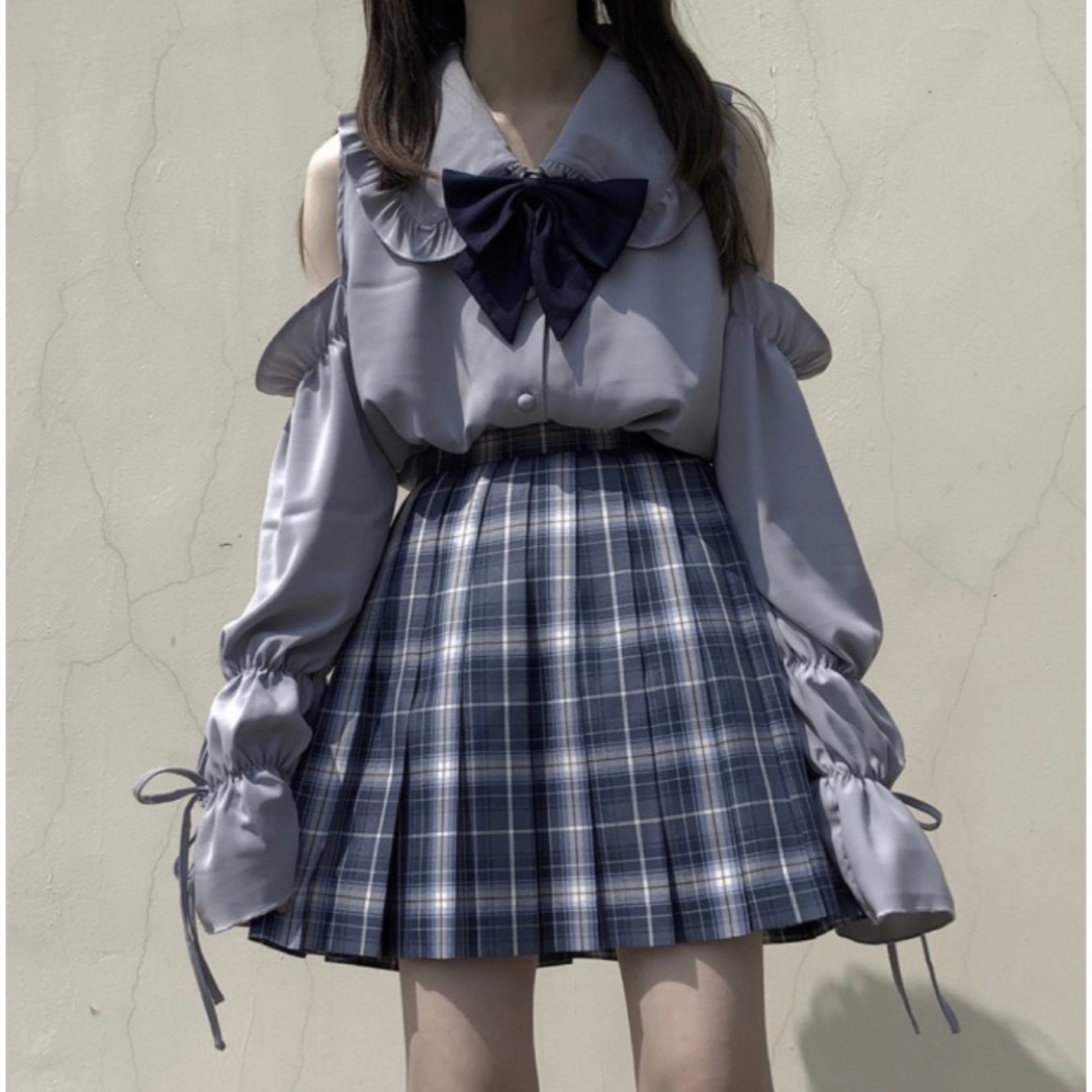 レディース　制服　コスプレ　地雷系　ブラウス　長袖　ロリータ　肩あき　グレー レディースのトップス(シャツ/ブラウス(長袖/七分))の商品写真