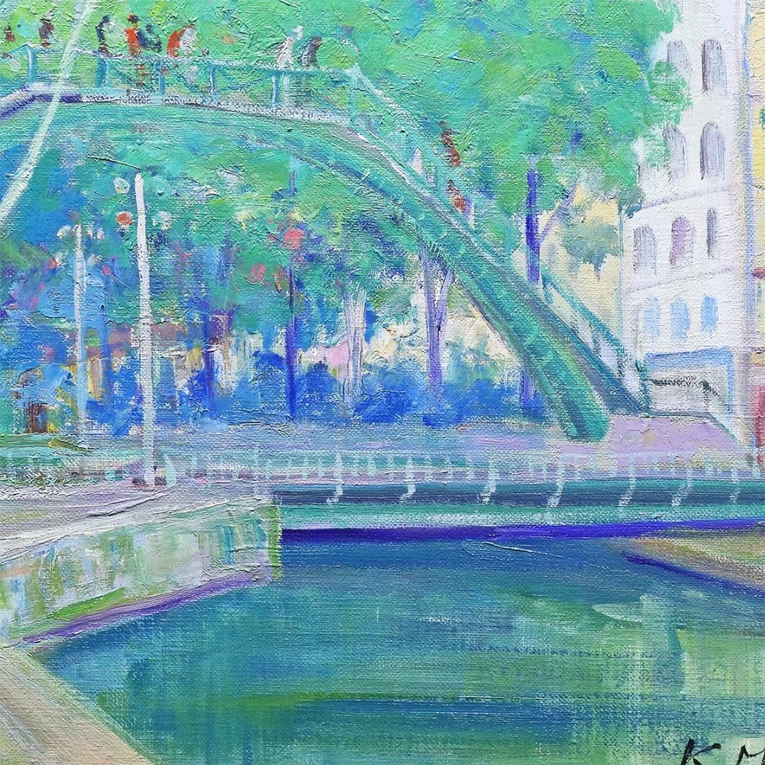 三塩清巳 サンマルタン運河 油彩10号 風景画 パリ 原画 油絵 絵画 真作保証