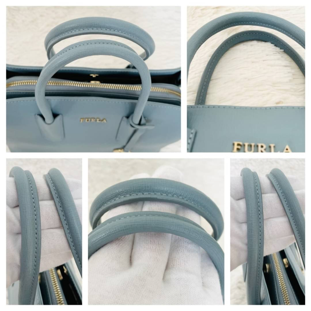 美品☆フルラ FURLA テッサ 2way ハンドバッグ グレーブルー レザー-