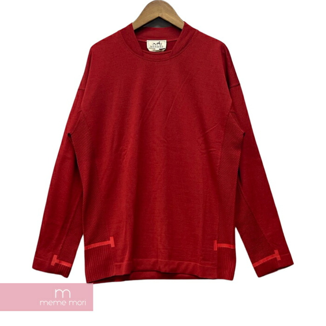 HERMES Wool Mesh Sweater エルメス ウールメッシュセーター ニット 切替 ロゴ バーガンディ サイズM 【231101】【-B】【me04】トップス