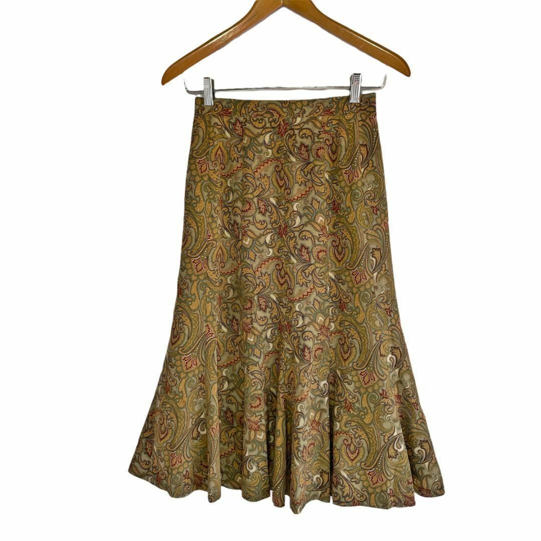 Santa Monica(サンタモニカ)の日本製 緑×茶系 総柄 バロック柄 ロングスカート 一点物 レトロ ヴィンテージ レディースのスカート(ロングスカート)の商品写真