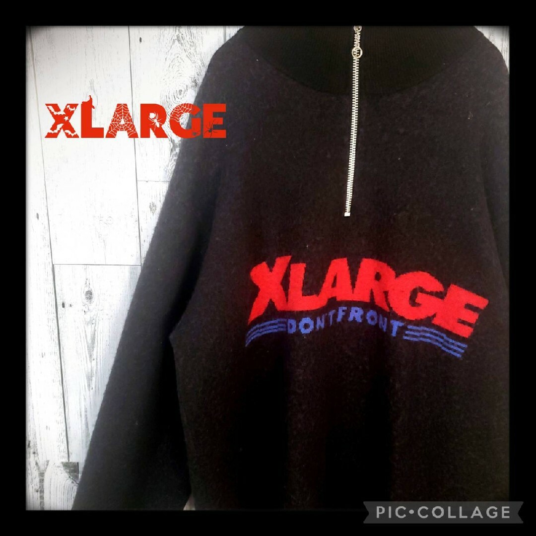 XLARGE(エクストララージ)の【希少デザイン】ニット　ハーフジップ XLARGE　前面ビッグロゴ　XL メンズのトップス(ニット/セーター)の商品写真