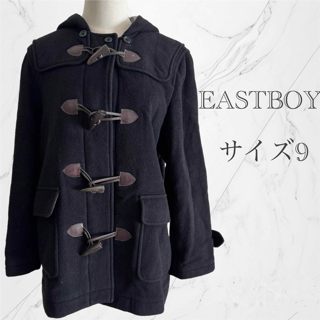 EASTBOY(イーストボーイ)のEASTBOY ダッフルコート ブラック 裏地チェック フード付き ウール 通学 レディースのジャケット/アウター(ダッフルコート)の商品写真