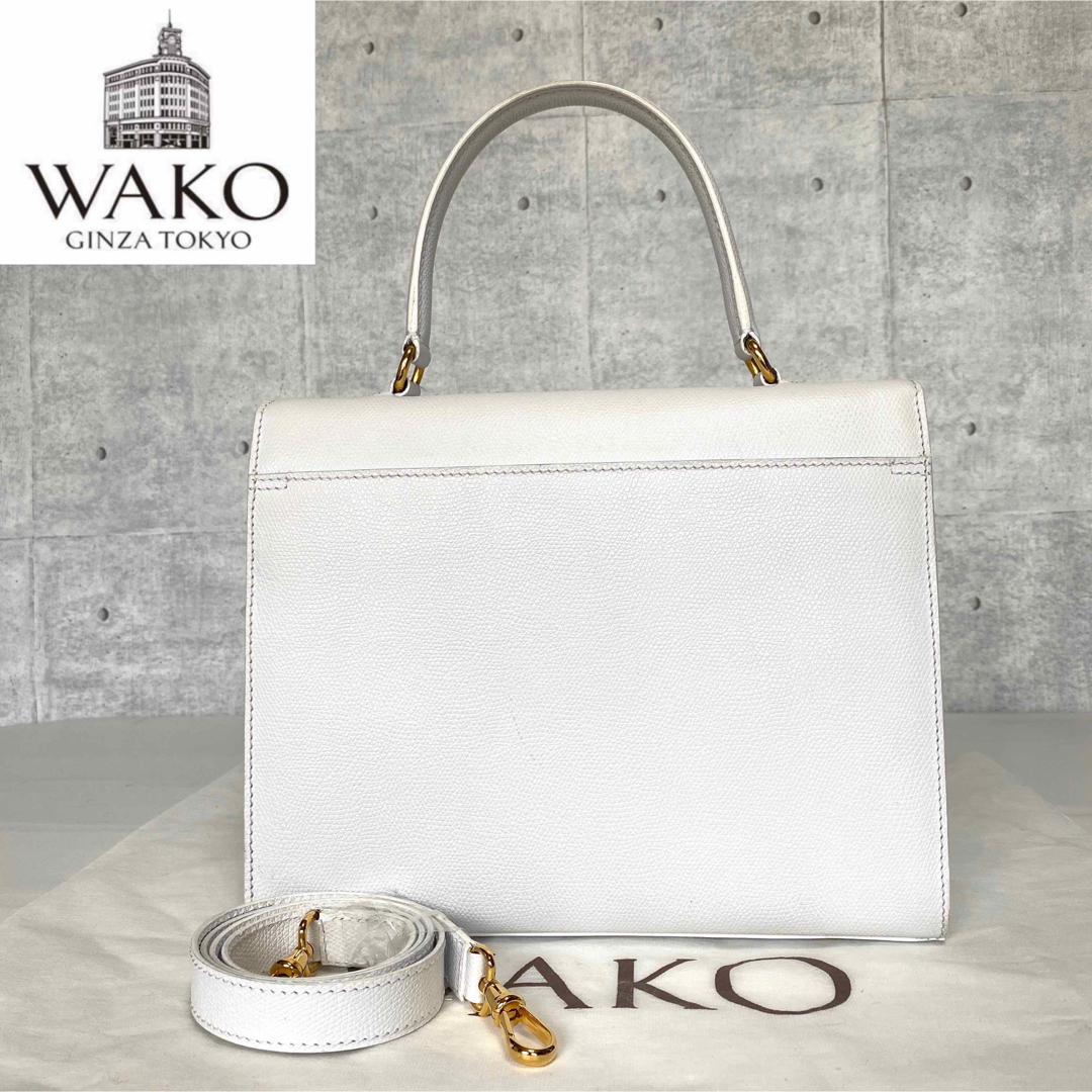 【WAKO】銀座和光 サフィアーノ ホワイト ゴールド金具 2WAYハンドバッグ