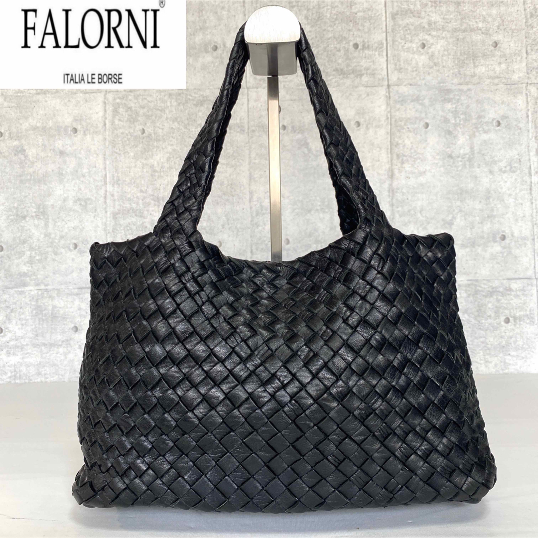 【良品】FALORNI イントレチャート BLACK ラムレザー ハンドバッグ