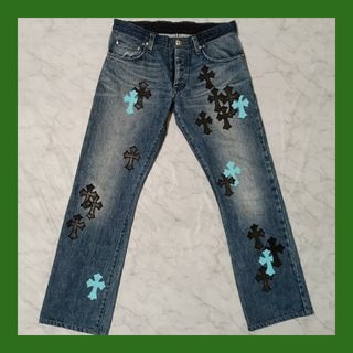 CHROME HEARTS クロムハーツ JEAN STRTLG FBRC クロスパッチ付き ウォッシュド デニムパンツ インディゴブルー