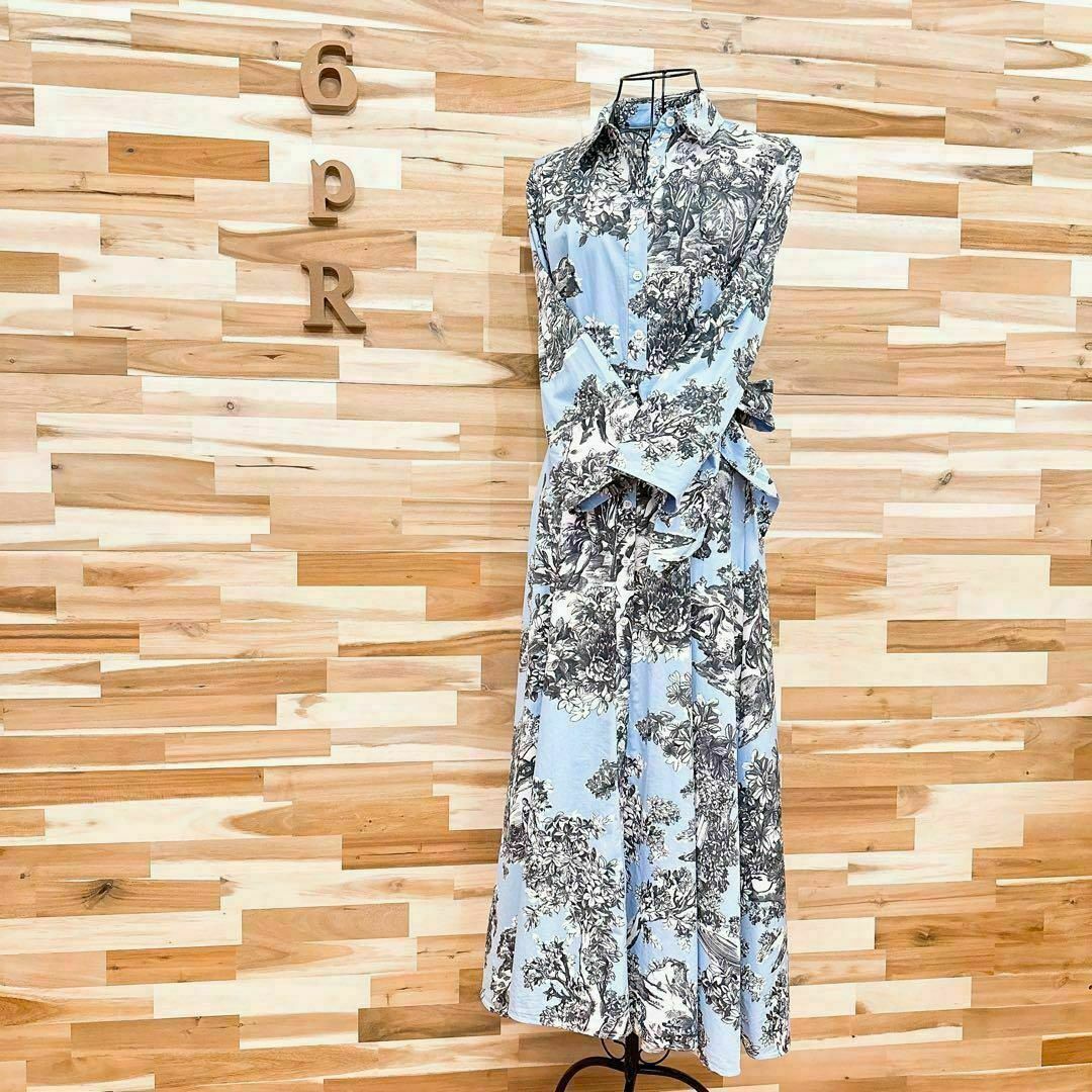 【ザラ】西洋 ローマ柄 花柄 マキシ ロング シャツ ワンピース XS 水色 | フリマアプリ ラクマ
