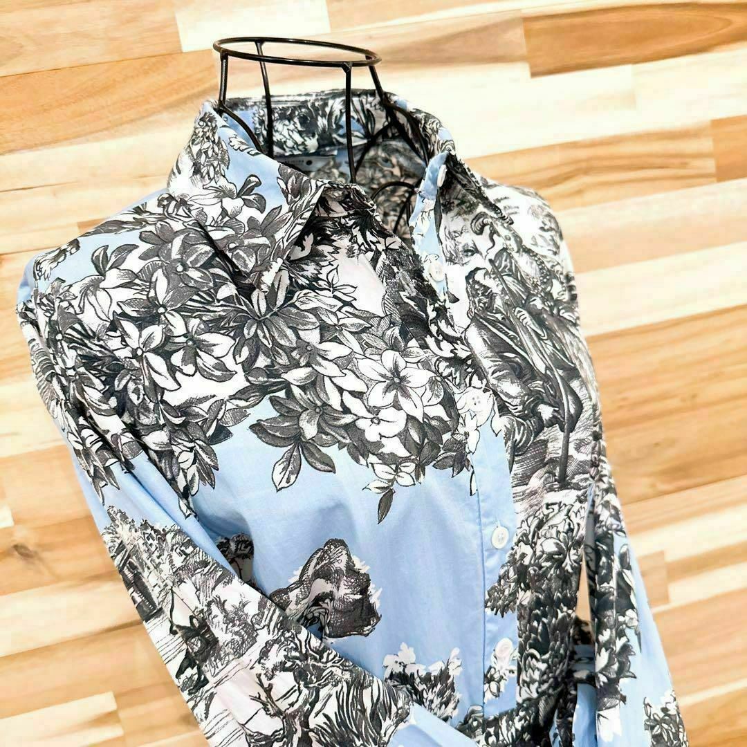 【ザラ】西洋 ローマ柄 花柄 マキシ ロング シャツ ワンピース XS 水色