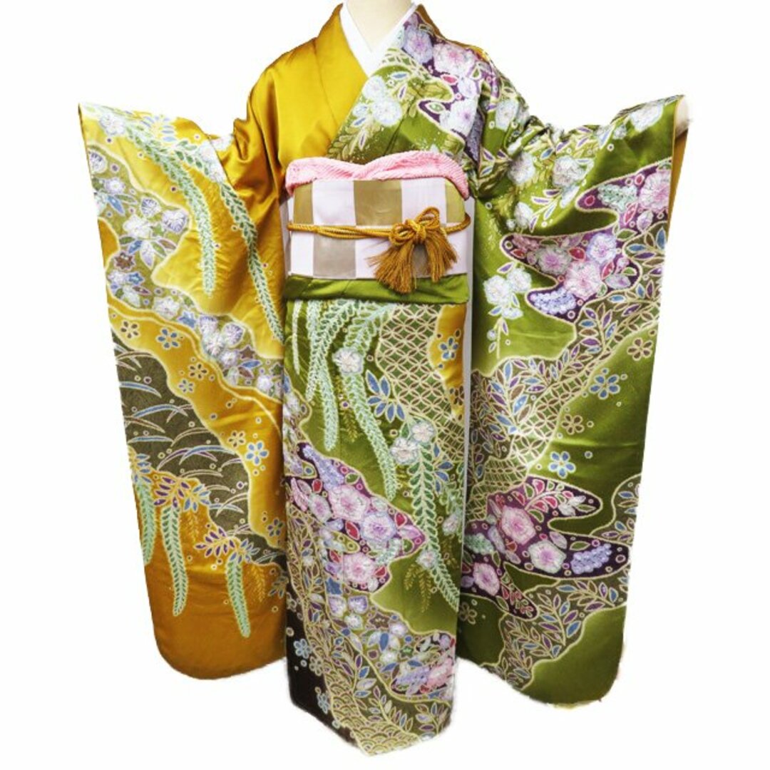 正絹豪華な振袖花に鳳凰扇に金駒、金箔 正絹豪華な振袖花に鳳凰扇に金駒、金箔