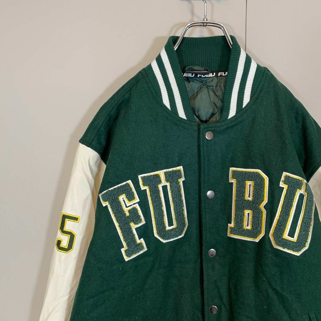 【ビッグ刺繍ロゴ、スタジャン】FUBU 人気グリーン　ヒップホップ90s緑古着屋CSZB