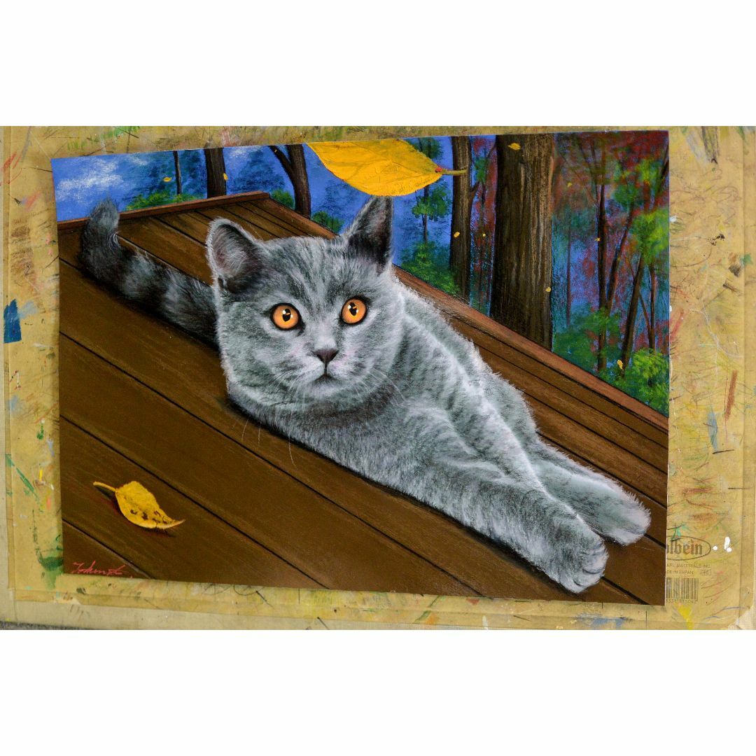 絵画/タペストリーアクリル画　屋根の上のネコ　A３