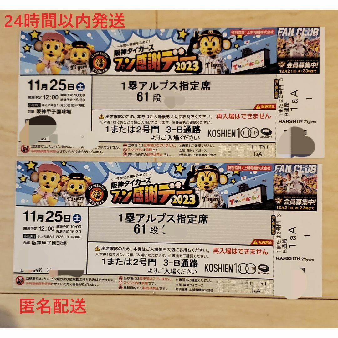 チケット【最終価格】阪神タイガース ファン感謝デー ペア連番 1塁アルプス