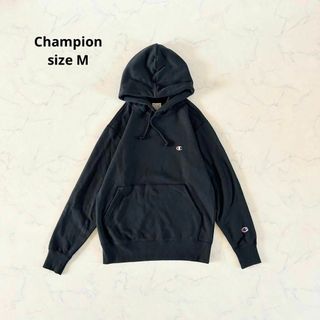 チャンピオン(Champion)の【美品】Mサイズ champion チャンピオン パーカー 黒 ロゴ刺繍(パーカー)