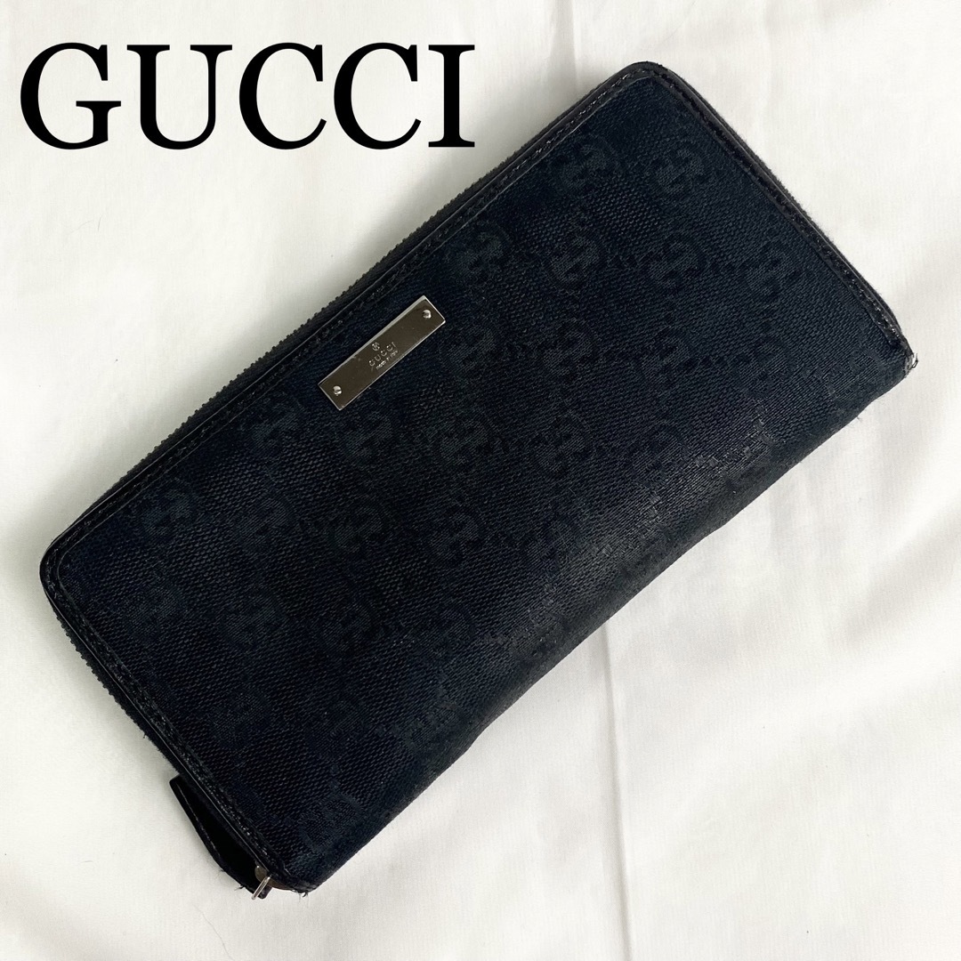 Gucci - GUCCI 長財布 GG柄 キャンバス×レザー 黒 ロゴプレート