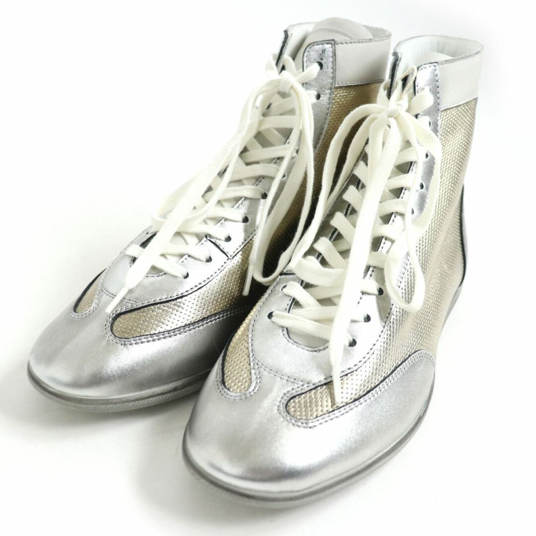 未使用品□サンローランパリ 605168 MICK MIP TOP SNEAKER レザー ハイカットスニーカー シルバー/ゴールド 41 1/2 イタリア製 箱付き約95cm全高