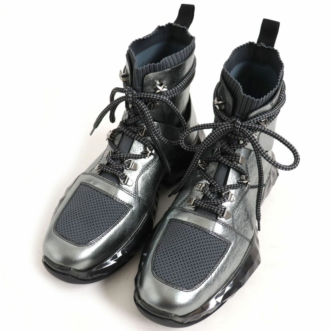 約305cmワイズ幅未使用品□ジミーチュウ DIAMOND SPACE BOOT バケッタレザー×ニット スタースタッズ 6ホール スペースブーツ/ハイカットスニーカー 銀 42