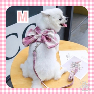 M 犬 ハーネス リードセット チェック ピンク  リボン メッシュ 小型犬(リード/首輪)