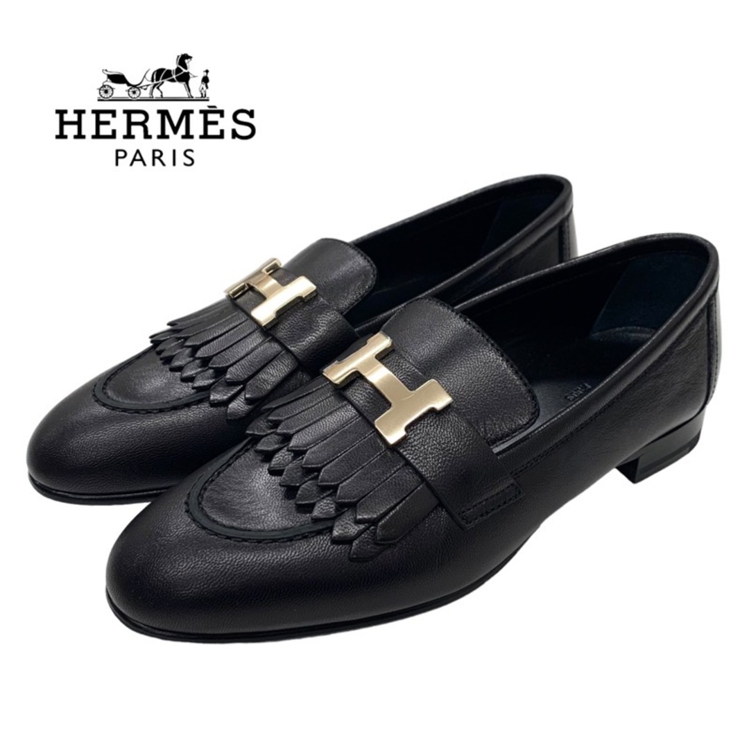 Hermes(エルメス)のエルメス HERMES ロワイヤル ローファー 革靴 靴 シューズ レザー ブラック ゴールド 未使用 モカシン フラットシューズ H金具 フリンジ レディースの靴/シューズ(ローファー/革靴)の商品写真