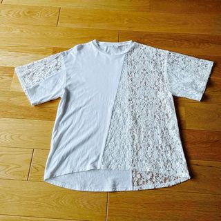 ランバンオンブルー(LANVIN en Bleu)のランバンオンブルー　レースコンビTシャツ　ホワイト　38(Tシャツ(半袖/袖なし))