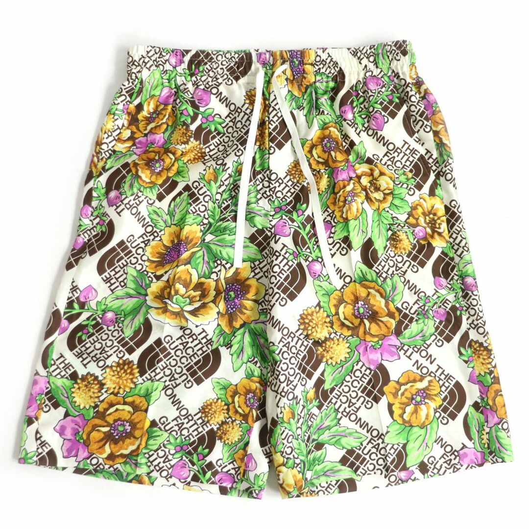 26cm裾幅未使用□21SS グッチ×ザ ノースフェイス 654771 シルク100％ 総柄 FLORAL LOGO SHORTS ハーフパンツ マルチカラー 46 イタリア製 正規品