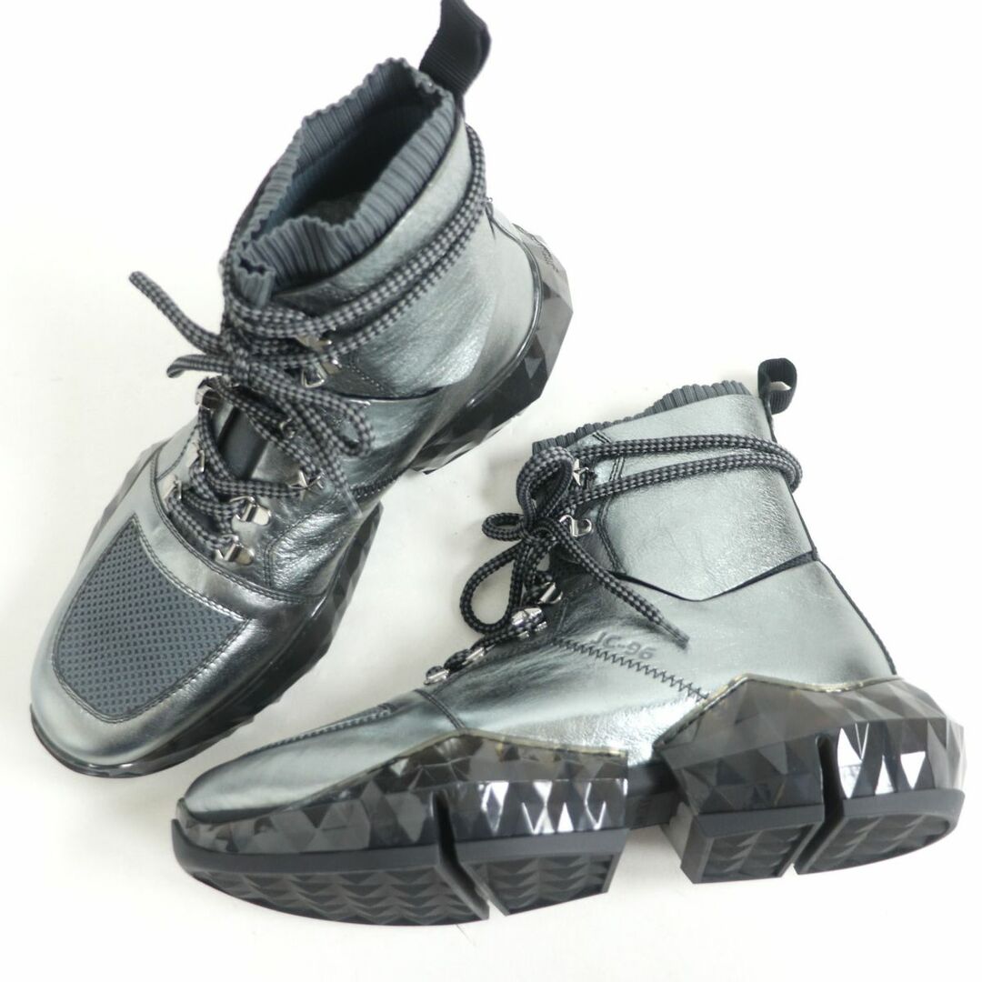 未使用□ジミーチュウ DIAMOND SPACE BOOT バケッタレザー×ニット スタースタッズ 6ホール ブーツ/ハイカットスニーカー シルバー  42 伊製