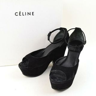 CELINE セリーヌ スエードレザーヒールウェッジソールサンダル ブラック 37.5