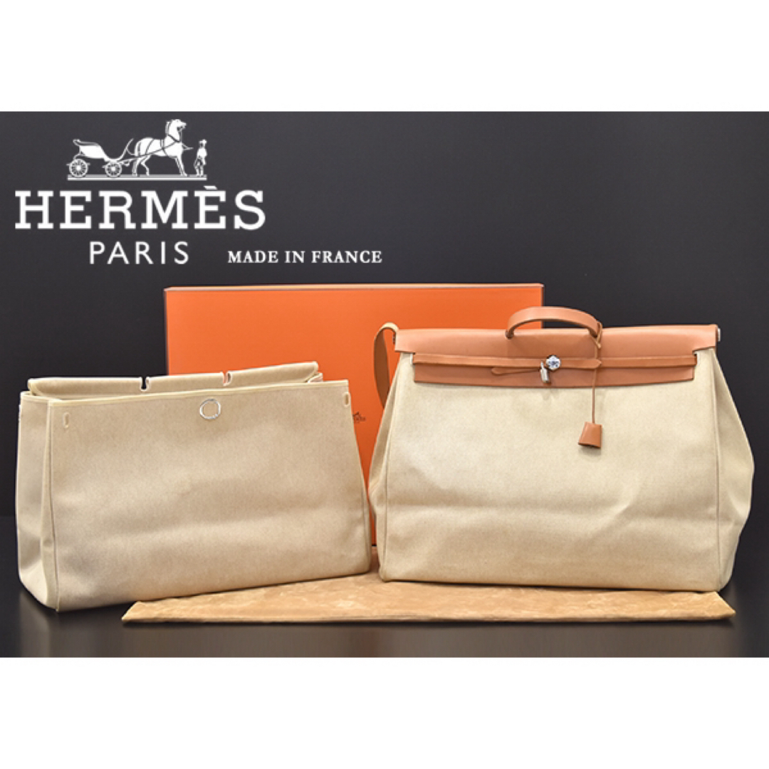 エルメス【HERMES】エールバッグ トワルGM レザー アイボリー □B刻印