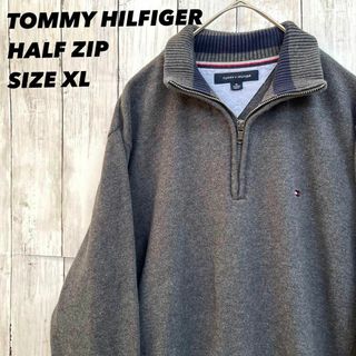 トミーヒルフィガー(TOMMY HILFIGER)のアメリカ古着トミーヒルフィガー　刺繍ロゴハーフジップコットンニットセーター　XL(ニット/セーター)