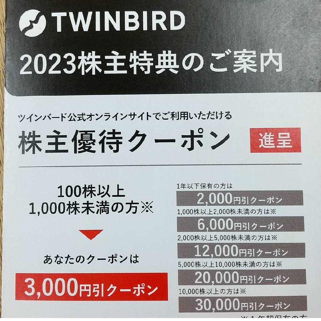 TWINBIRD(ツインバード)のツインバードTWINBIRD株主優待クーポン3000円分 チケットの優待券/割引券(ショッピング)の商品写真