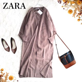 ザラ(ZARA)の@【M】【未使用タグ付】ニット ロング カーディガン 茶系(カーディガン)