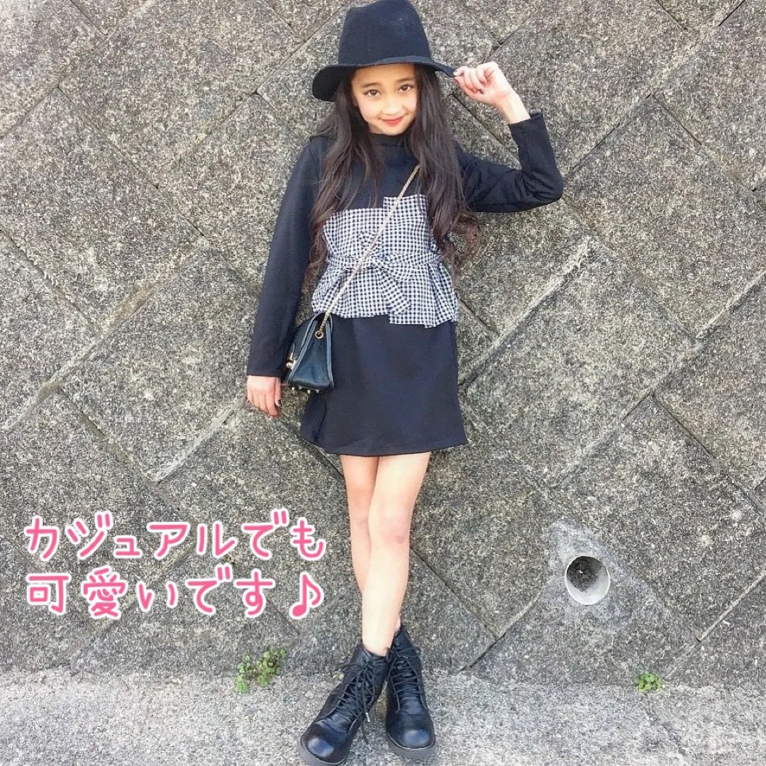 KOBA⭐︎様 ♡150　ワンピース　ギンガムチェック　ベルト　リボン　黒 キッズ/ベビー/マタニティのキッズ服女の子用(90cm~)(ワンピース)の商品写真