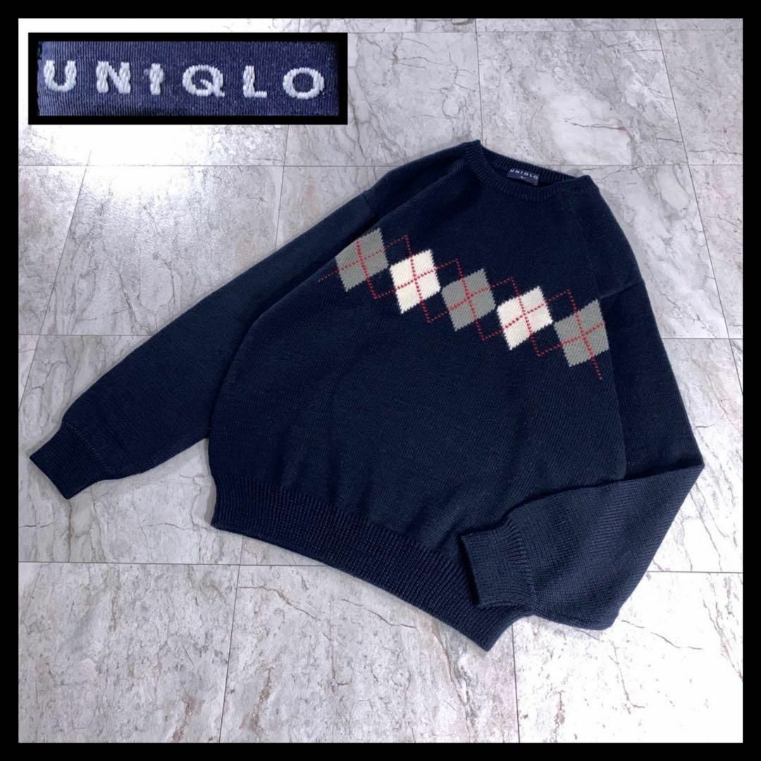 UNIQLO(ユニクロ)の90s 古着 オールドユニクロ 紺タグ アーガイル ニット セーター ネイビー メンズのトップス(ニット/セーター)の商品写真