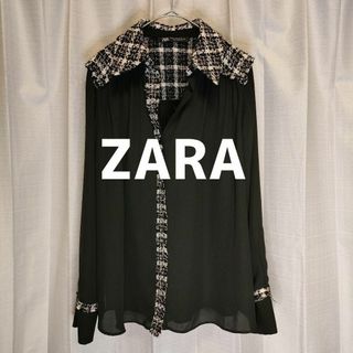 ザラ(ZARA)のザラ 柄シャツ ブラック ZARA ツイードシャツ 黒 チェック 女性 ✨美品✨(シャツ/ブラウス(長袖/七分))