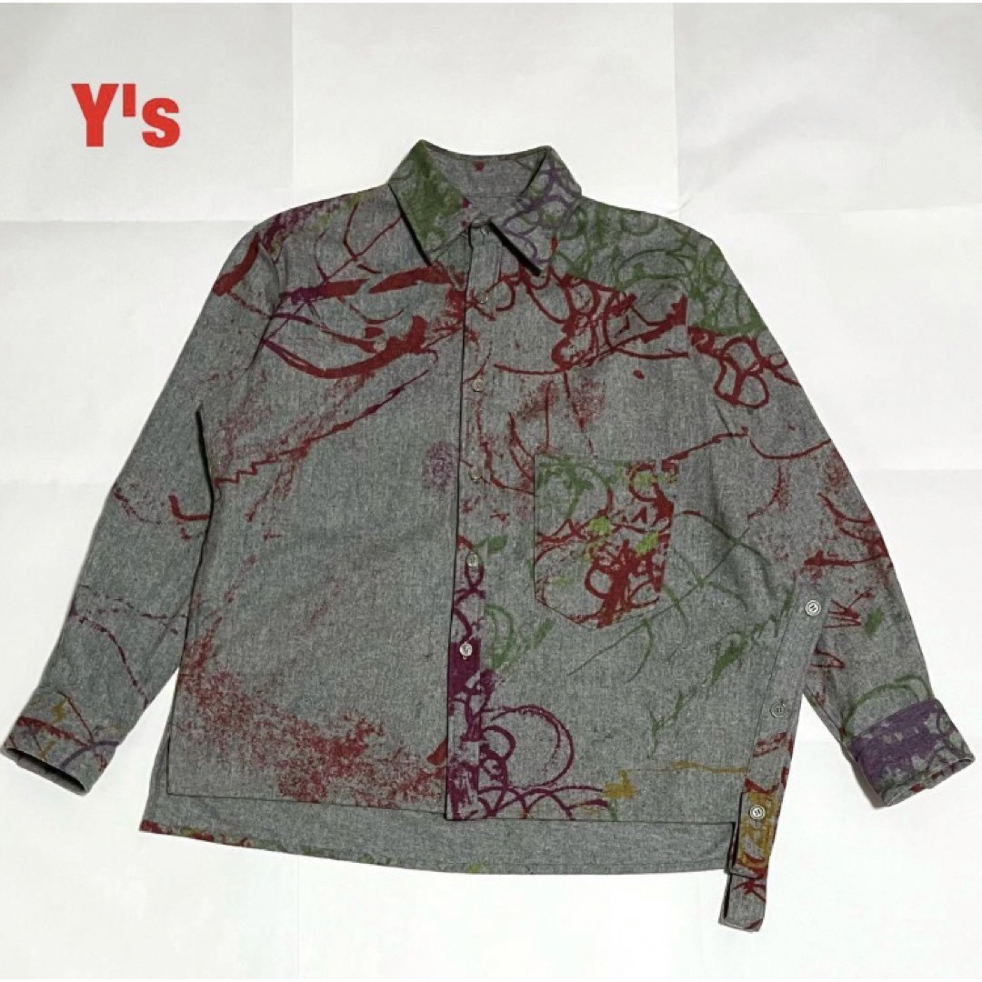 【美品】Y's　ワイズ　総柄シャツ　変形シャツ　アシンメトリー　両面ポケット